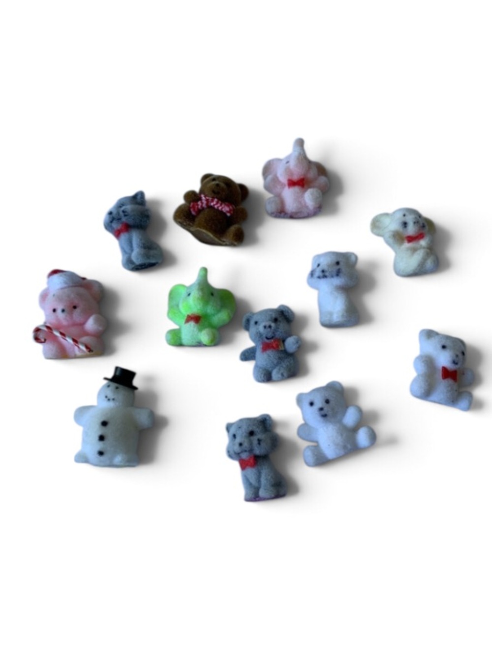 Vintage Flocked Miniatures Lot | 12 Pc Mini Fuzzy Animals & Christmas Figures